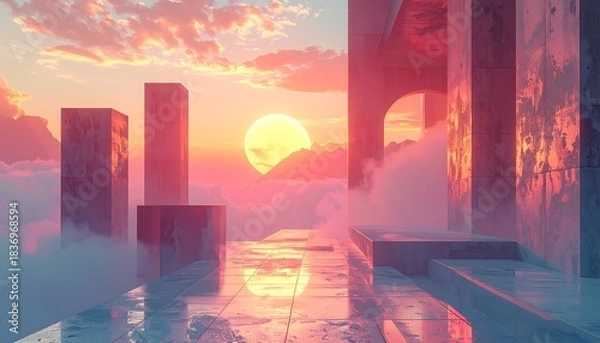 Fototapeta A dreamscape with monolithic structures amidst swirling clouds and a luminous sun in a vibrant, pastel sky