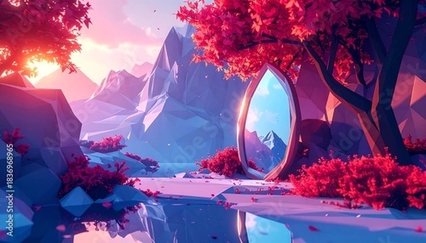 Fototapeta A dreamy, stylized landscape features pink trees, blue water, and low-poly mountains with a portal mirror