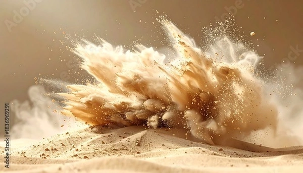 Fototapeta A dynamic eruption of sand in mid-air with particles suspended against a tan background