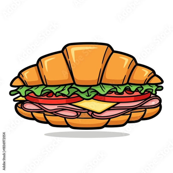 Fototapeta colorful cartoon croissant sandwich with ham cheese lettuce and tomato on a