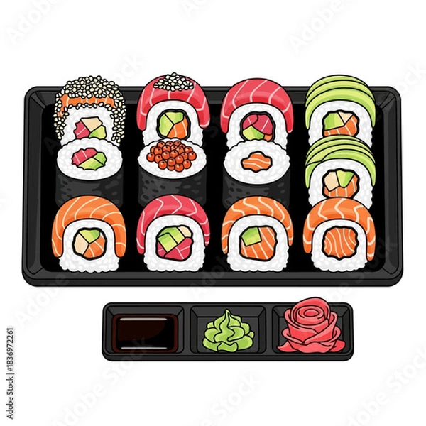 Fototapeta Assorted colorful sushi rolls arranged on a tray with garnishes and condiments