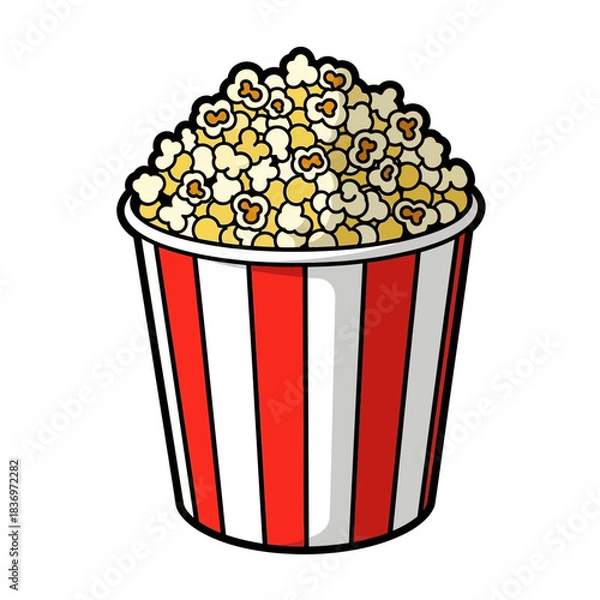 Fototapeta Whimsical illustration of a classic striped popcorn container filled with