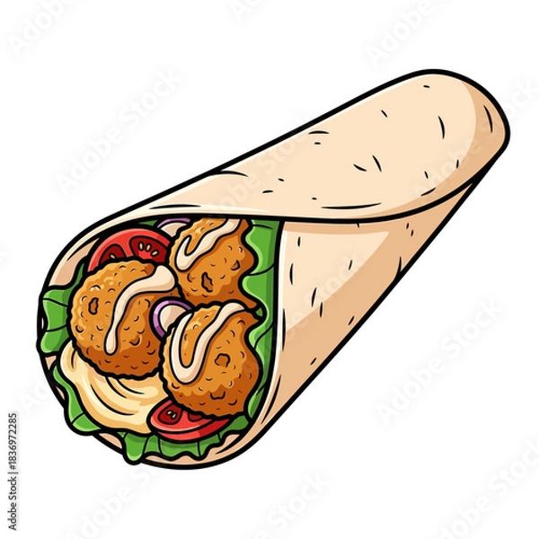 Fototapeta Delicious filling falafel wrap with fresh vegetables and creamy sauces in a
