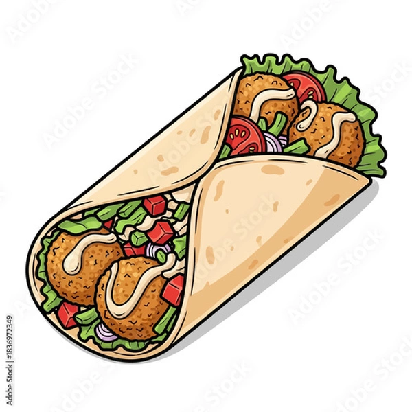 Fototapeta Freshly made wrap with crispy fried chicken and vibrant vegetable toppings for