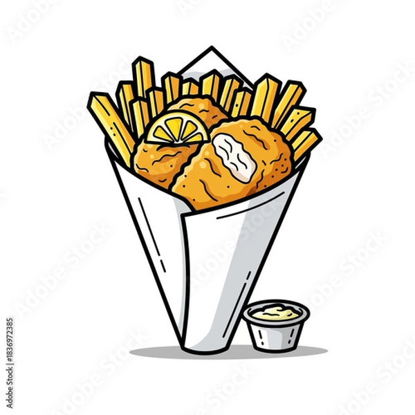 Fototapeta Illustration of a crispy fried chicken snack with dipping sauce and French