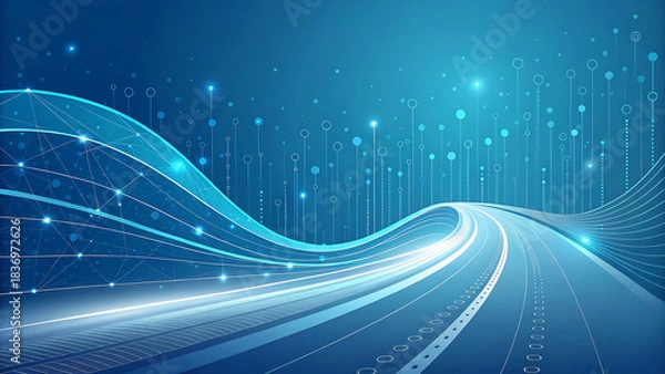 Fototapeta Abstract blue digital highway with glowing light trails and data streams