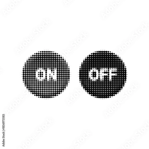 Fototapeta Halftone dotted illustration of round ON and OFF buttons in black and white. Minimalist digital icon set for interface, control, switch, or technology design.