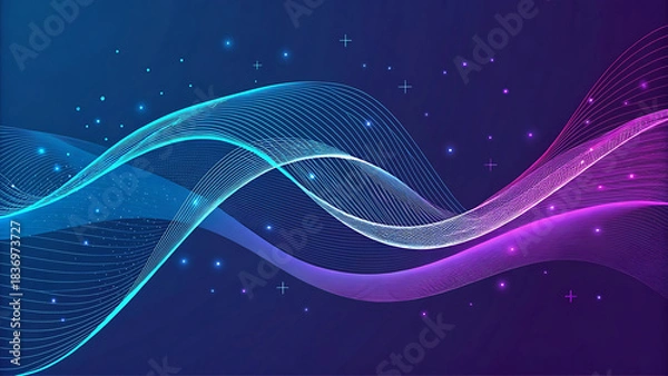 Fototapeta Abstract digital waves of blue and purple particles flowing
