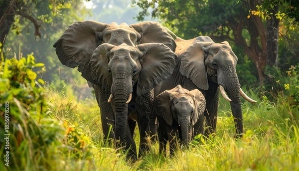 Fototapeta A family of elephants stand among tall grass and trees in a lush, natural environment, bathed in golden sunlight