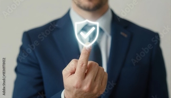 Fototapeta Close-up of a businessman pointing, glowing shield with white checkmark.