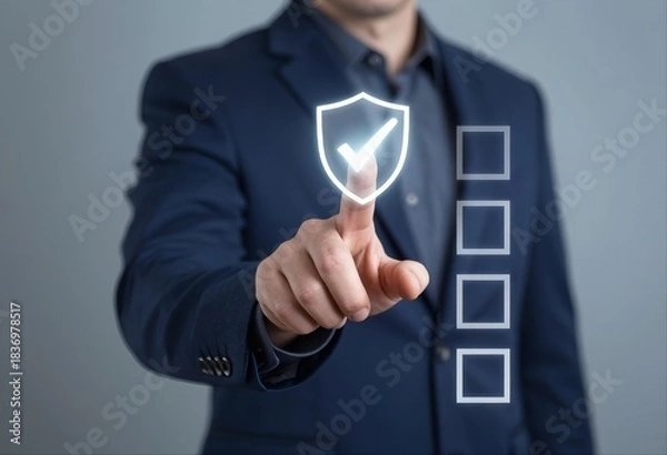 Fototapeta Professional Man Pointing with Glowing Shield Icon and Checkmarks, Symbolizing Completed Security Measures and Assurance.