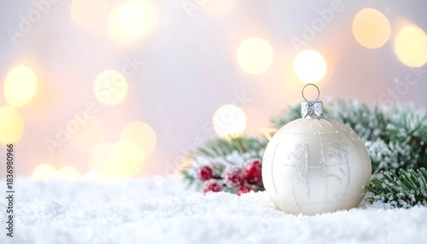 Fototapeta A festive holiday scene with a white ornament, berries, and snowy pine branch against a bokeh light backdrop