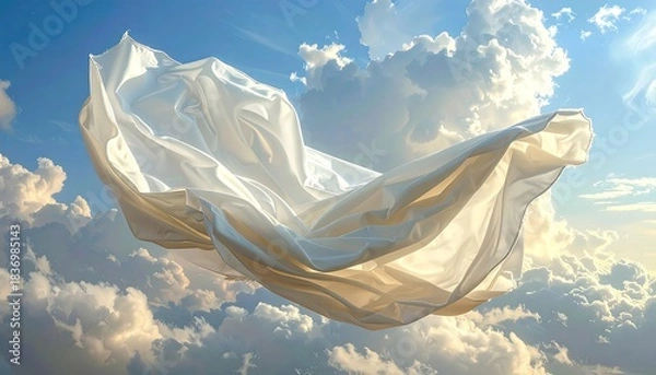 Fototapeta A flowing, ethereal white fabric dances mid-air against a backdrop of fluffy clouds and a serene blue sky