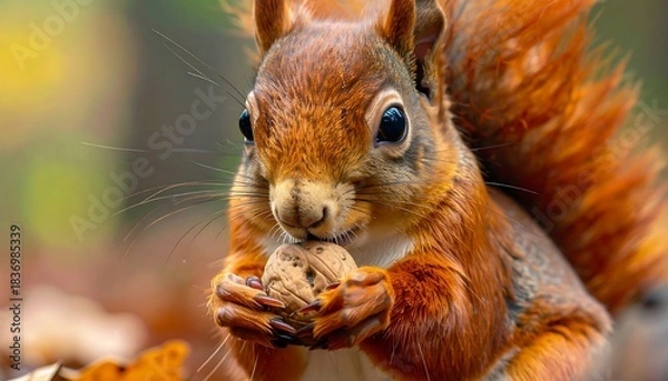 Fototapeta A fluffy, auburn squirrel holds a nut, its dark eyes focused, set against a blurred autumn foliage backdrop