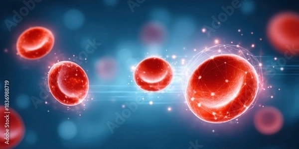 Fototapeta AI-powered health diagnosis concept. A vibrant digital illustration of red blood cells in motion against a blue background, symbolizing health and biological processes.