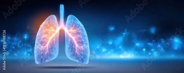 Fototapeta AI-powered health diagnosis concept. A glowing representation of human lungs, showcasing intricate details and vibrant colors against a dark, futuristic background.
