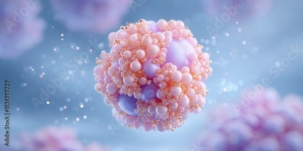 Fototapeta AI-powered health diagnosis concept. A vibrant, abstract representation of microscopic structures with pastel colors, resembling cells or particles suspended in a fluid medium.