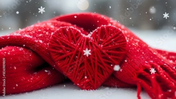 Fototapeta Red yarn heart resting on knitted scarf with tiny snowflakes creating warm romantic winter mood.

