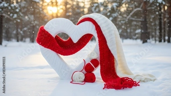 Fototapeta Soft red-white knitted heart lying on snow symbolizing warmth love and cozy winter holiday feeling