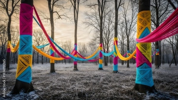 Fototapeta Bright rainbow yarn wrapped between winter trees adding joyful vibrant energy to cold snowy forest.
