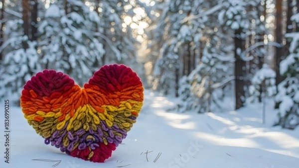 Fototapeta Colorful wool heart glowing softly on snowy winter path, creating warm cozy contrast in cold landscape
