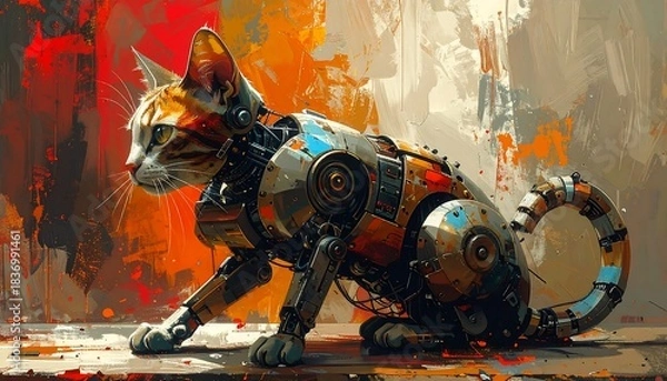 Fototapeta Abstract painting of a cat with robotic body, with bright colors and visible brushstrokes