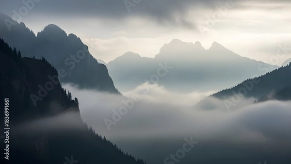 Fototapeta Dramatic View of Dark Mountain Peaks and Steep Cliffs Emerging from a Thick Layer of Fog and Low-Hanging Clouds in a Forested Valley