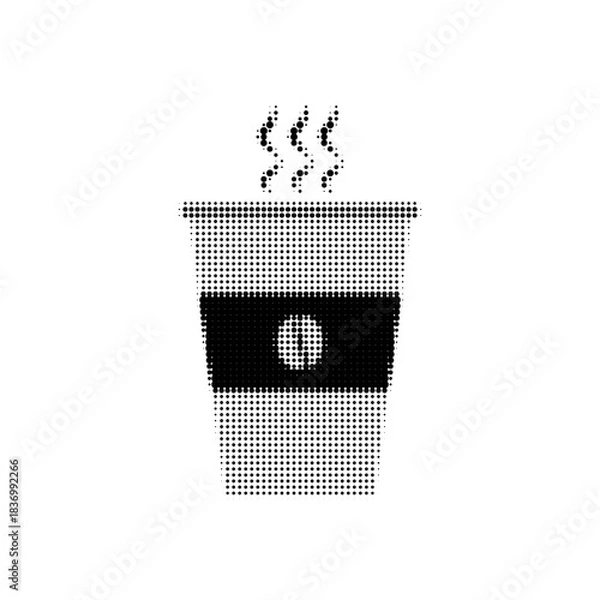 Fototapeta Halftone coffee cup icon with steam in minimalist black and white style, suitable for café branding, menu design, stickers, elements.