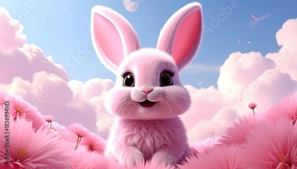Fototapeta A fluffy pink bunny sits in a field of pink flowers under a blue sky with puffy clouds