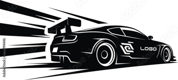 Obraz Rear-view sports car icon vector—black silhouette with motion lines and logo space for racing, branding, and automotive themes