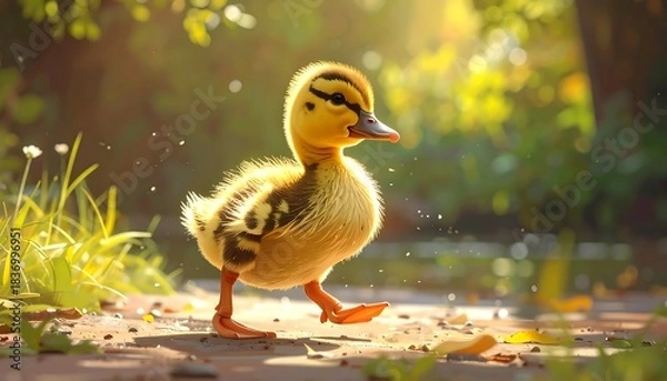 Fototapeta A fluffy yellow duckling struts purposefully on a path, bathed in warm, dappled sunlight, blurring into green background