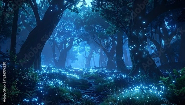 Fototapeta A forest scene bathed in ethereal blue light, showing trees, undergrowth, and glowing orbs