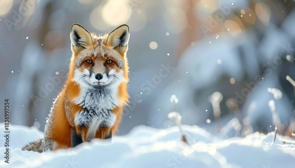 Fototapeta A fox sits in snow, lit by sun, with bokeh forest background