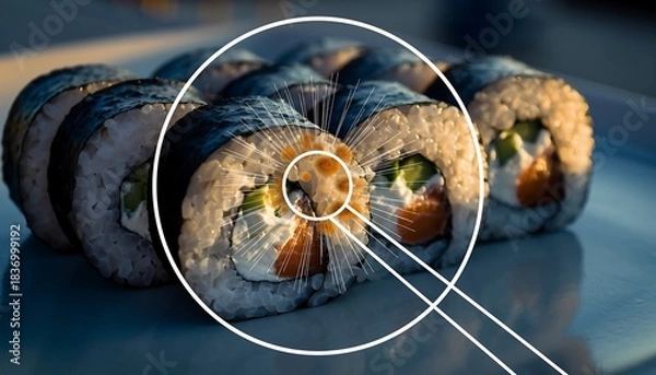 Fototapeta A close-up of sushi rolls featuring rice, nori, filling, and magnified roe, on a light blue surface, soft lighting