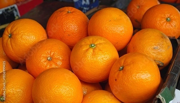 Fototapeta A close-up reveals a vibrant heap of ripe, juicy oranges, their skins glowing with sunny citrus hues