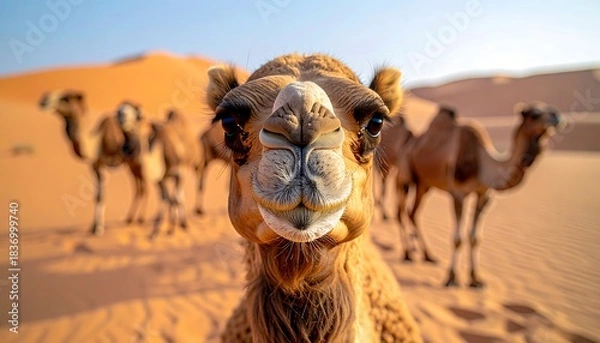 Fototapeta A close-up shot of a camel's face with a herd of camels standing in the background in a desert setting