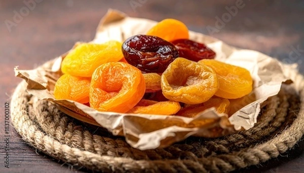 Fototapeta A close-up shows colorful dried fruits in a paper-lined bowl on a rustic, rope-ringed, dark brown surface