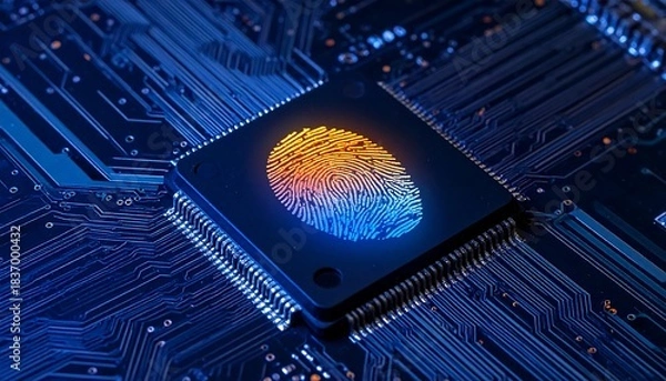 Fototapeta A close-up view of a computer chip with a fingerprint design, highlighted in shades of orange and blue