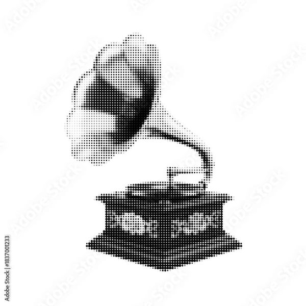 Fototapeta Vintage gramophone icon in halftone dot style. Retro music symbol with classic horn speaker illustration on white background.