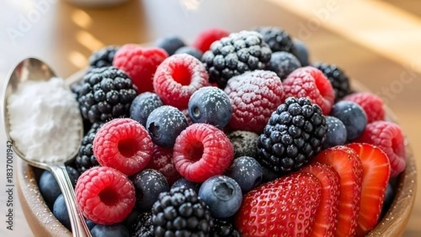 Fototapeta Extreme Close-up of Fresh Mixed Berries including Raspberries, Blackberries, Blueberries, and Sliced Strawberries, Lightly Dusted with Powdered Sugar