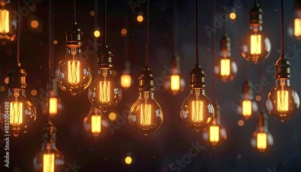 Fototapeta A cluster of vintage Edison-style light bulbs hang against a soft, out-of-focus background