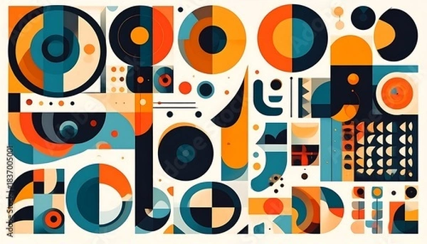 Fototapeta A collection of geometric shapes in various sizes, colors, and orientations arranged across a light background