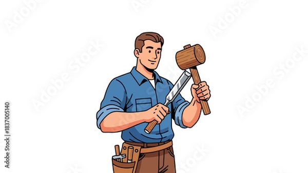 Fototapeta Carpenter holding chisel and mallet
