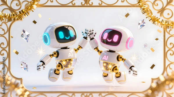 Obraz Two cute, stylized AI robots high-five inside a luxurious gold festival frame, symbolizing successful partnership and collaboration.