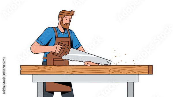 Fototapeta Carpenter sawing a wooden plank on a workbench
