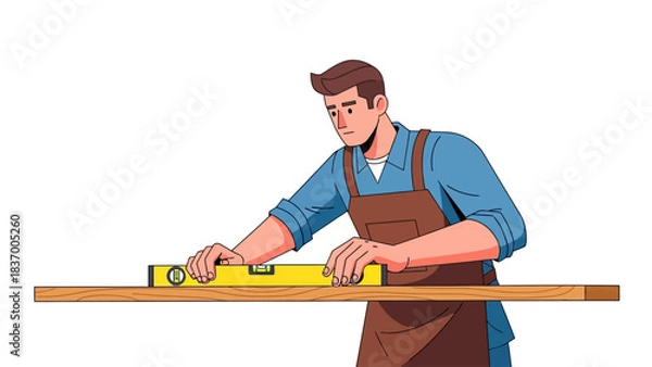 Fototapeta Carpenter uses a level on a wooden board
