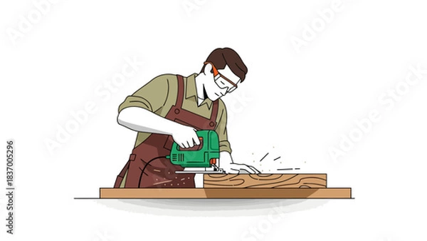 Fototapeta Carpenter using a jigsaw on a piece of wood