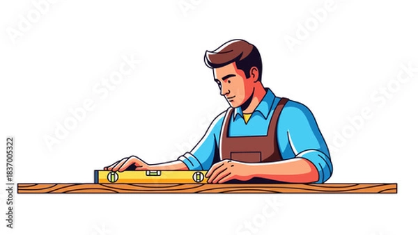 Fototapeta Carpenter using a spirit level on a wooden plank