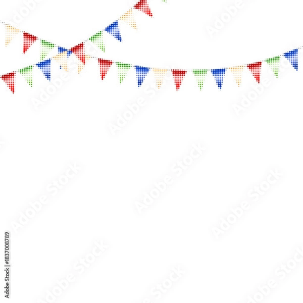 Fototapeta Colorful halftone bunting flags on a white background, festive triangular garlands creating a cheerful celebration border.
