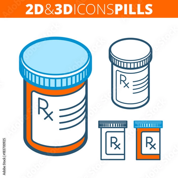 Obraz The pill bottle. Flat and isometric 3d outline icon set. The pharmacy, cure, drug, orange container line pictogram. Vector linear infographic elements for web design, social media, presentations.